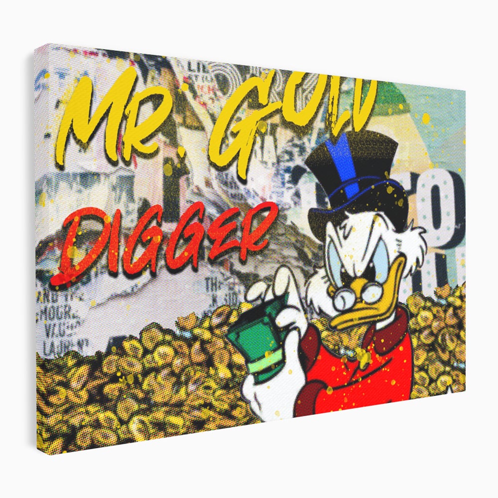Tablou canvas cu tablou canvas cu scrooge mcduck si bani, fara rama, pe sasiu de lemn